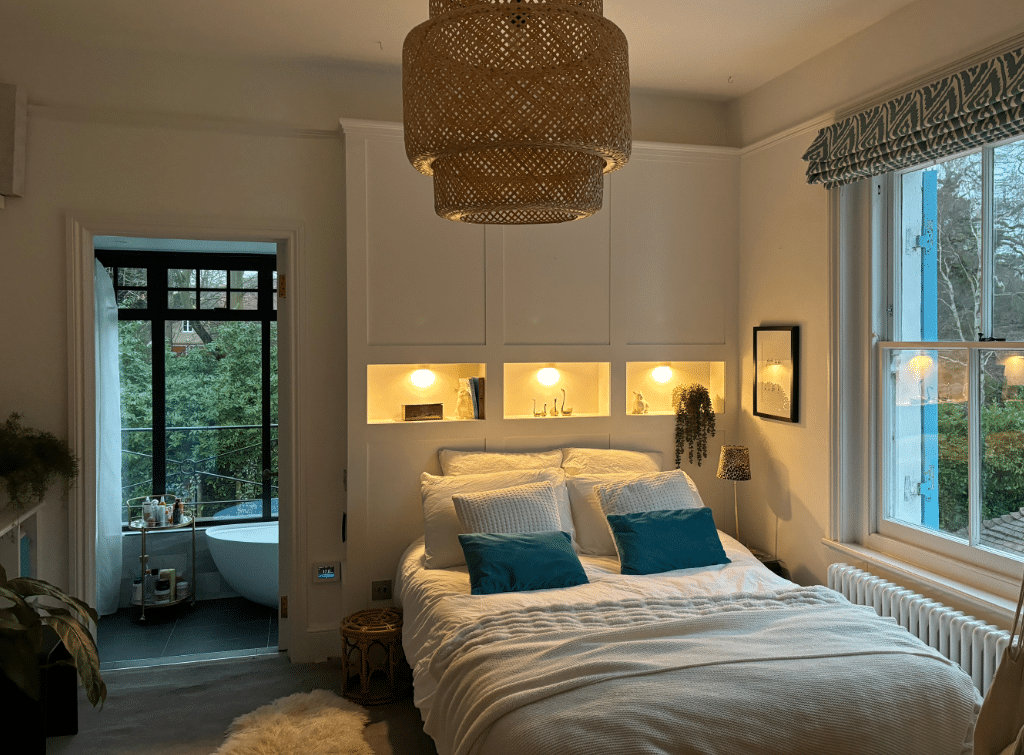 Custom built-in headboard wall in the guest bedroom