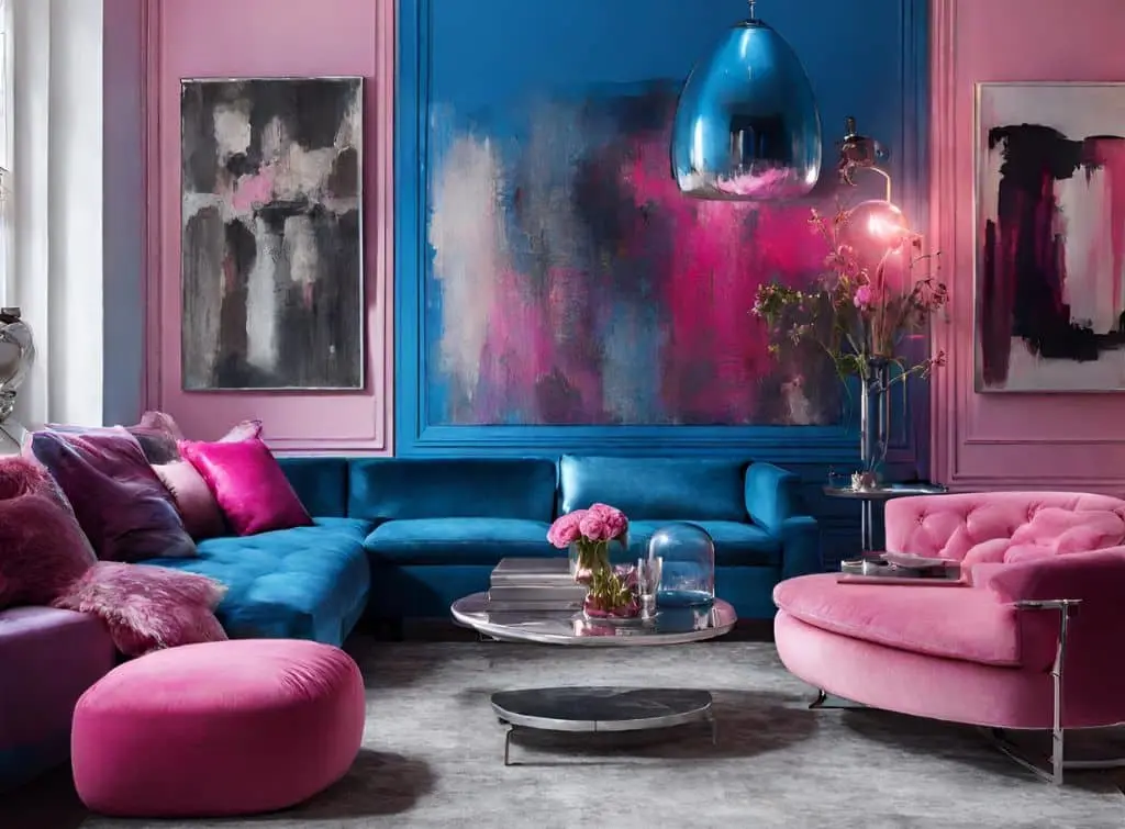Pink and blue furniture and walls with abstract artwork