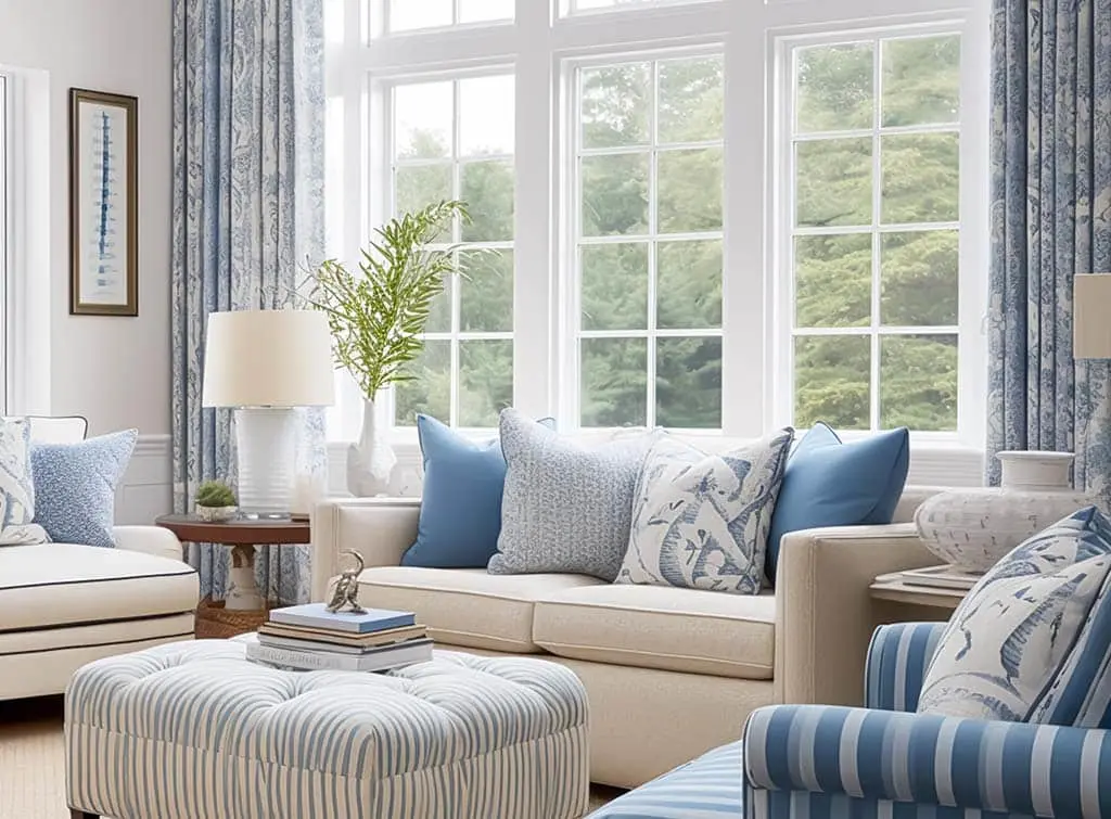 Neutral living room with blue accent