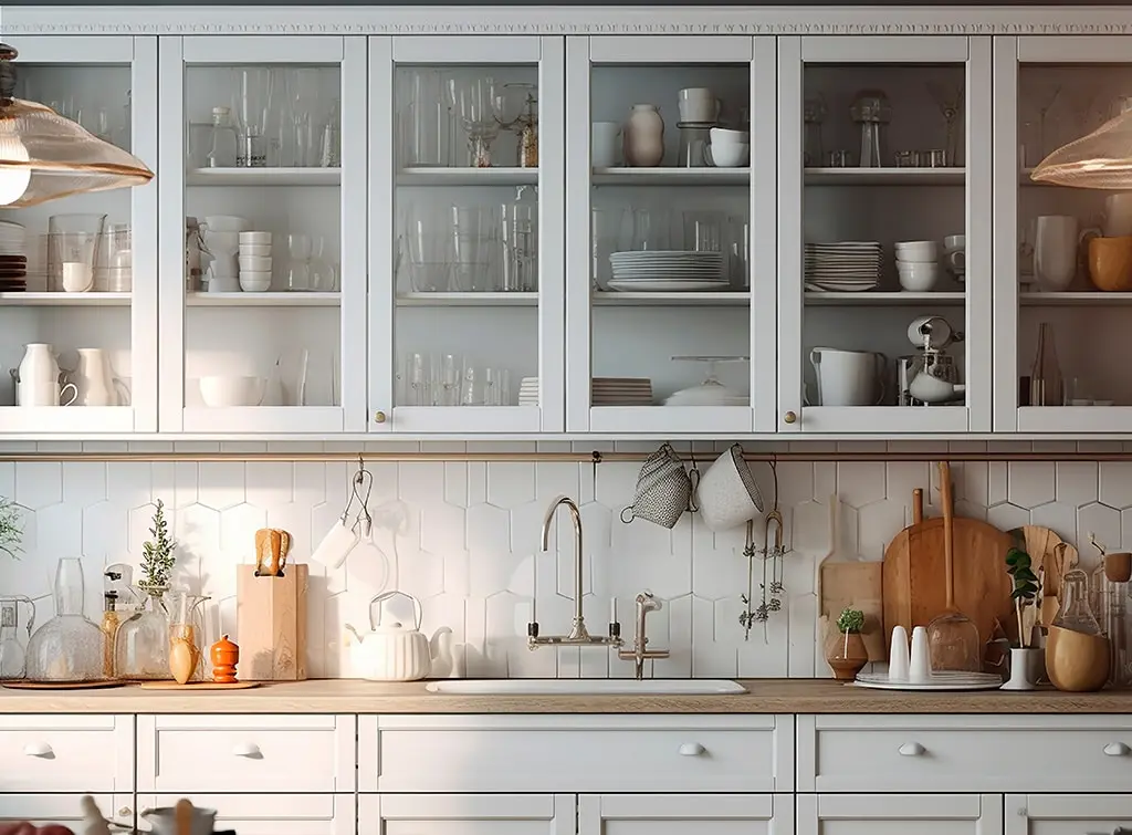 white kitchen design with open kitchen cupboards