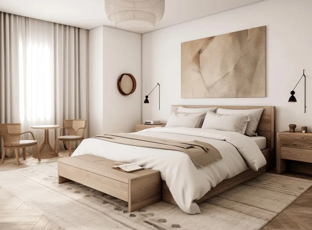 cream and rattan bedroom