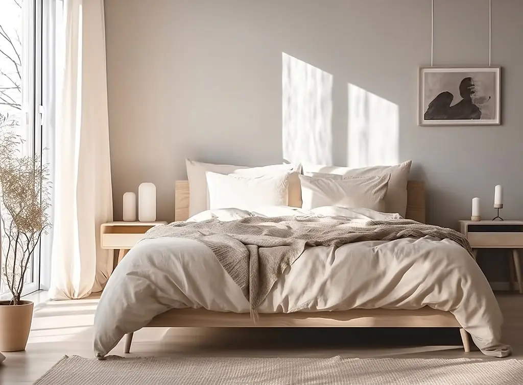 beige and white bedroom with unmade bed