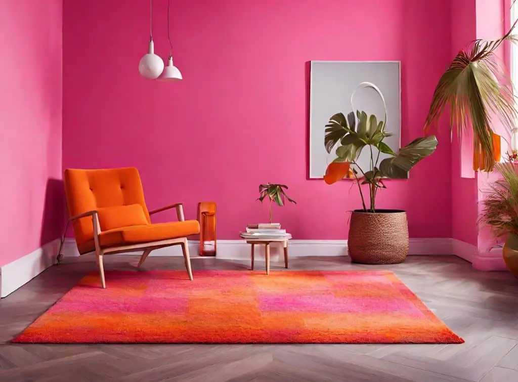 Orange and pink tone matched colours in a bright and energetic living room