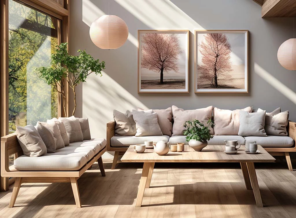 Neutral living room with blush pink accents