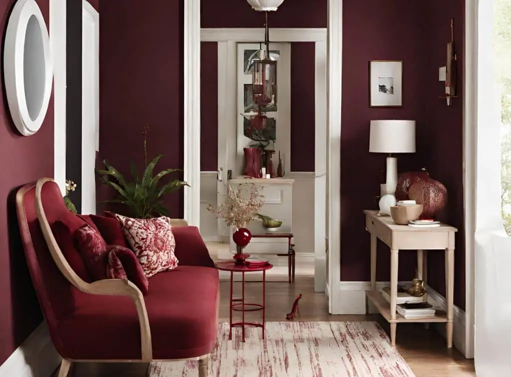 Hallway design concept for deep red and burgundy colour pairings