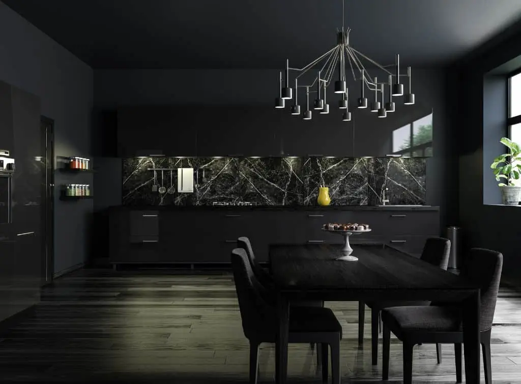 Jet black kitchen design ideas with black wood floors, black marble inset countertops and black tables and chairs