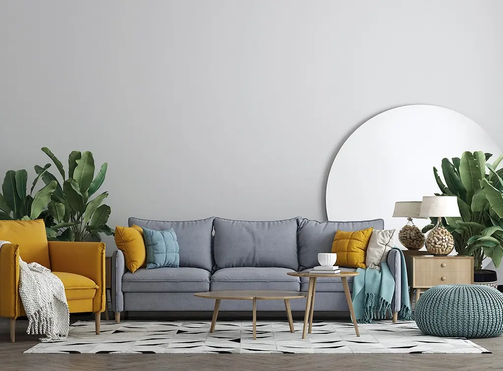 yellow chair in grey living room