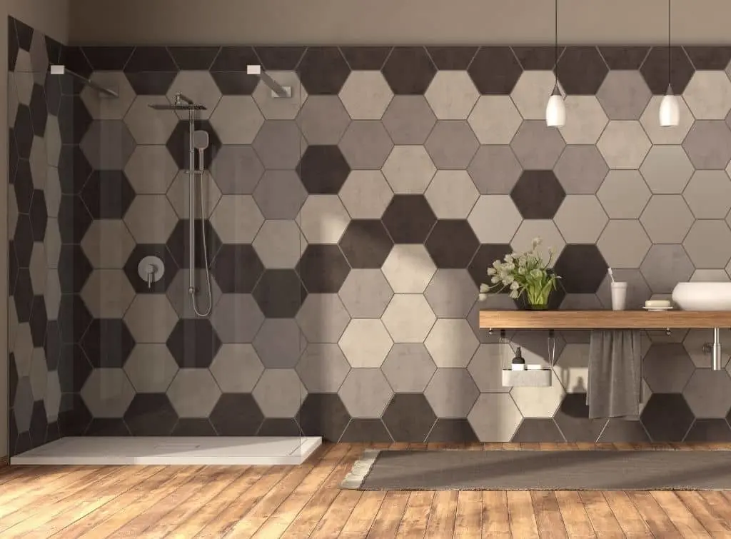 Hexagon patterned wall tiles for fun and trendy wet room