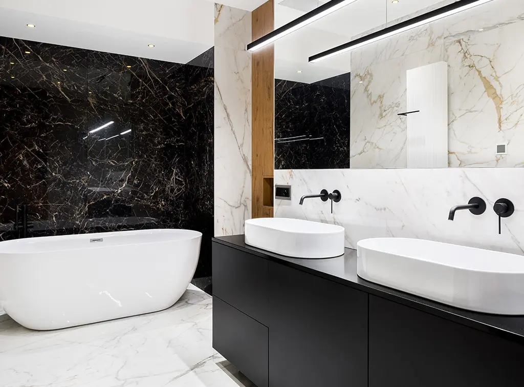 black and marble bathroom