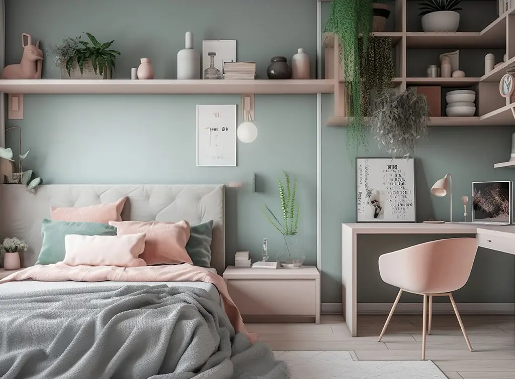 AI-generated corner shelf ideas in a teenage bedroom
