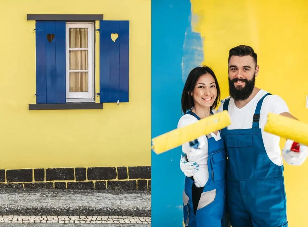 Yellow exterior house paint ideas - a couple painting their home blue and yellow