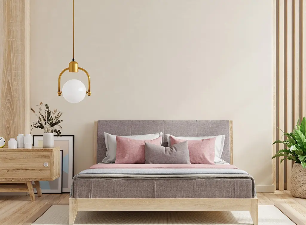 grey and dusky pink bedroom