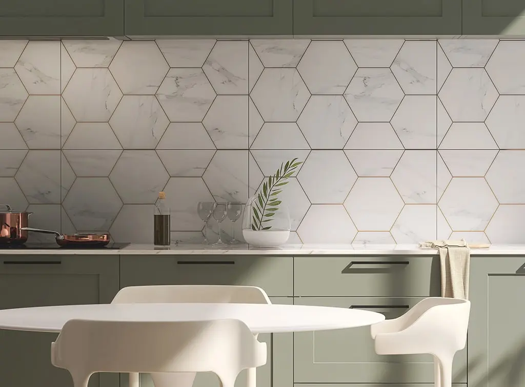 Large marble-effect hexagonal tiles generated by AI