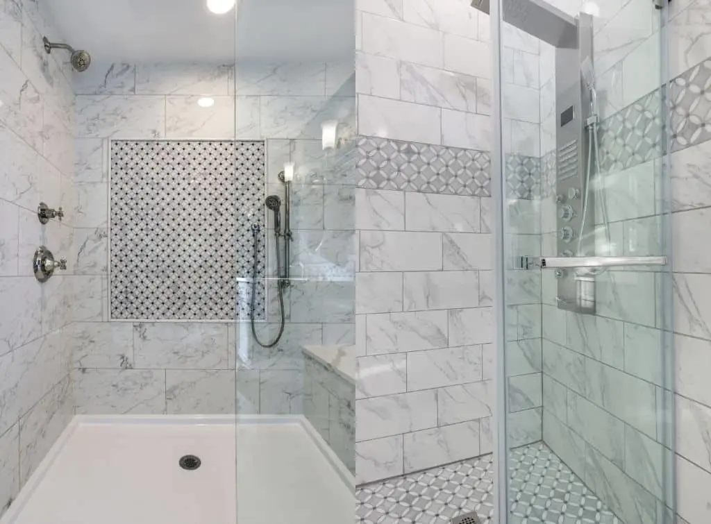 Wet room floor tiles - large porcelain and ceramic wall and floor tiles in a white shower room