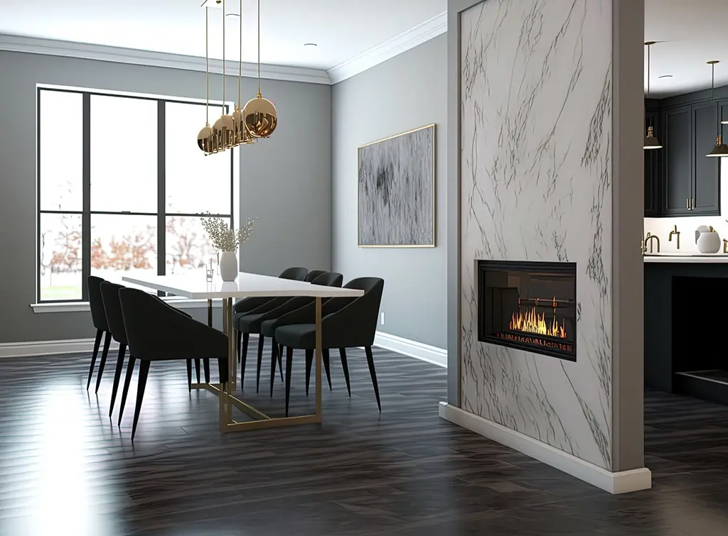 Open plan apartment with fireplace concept image