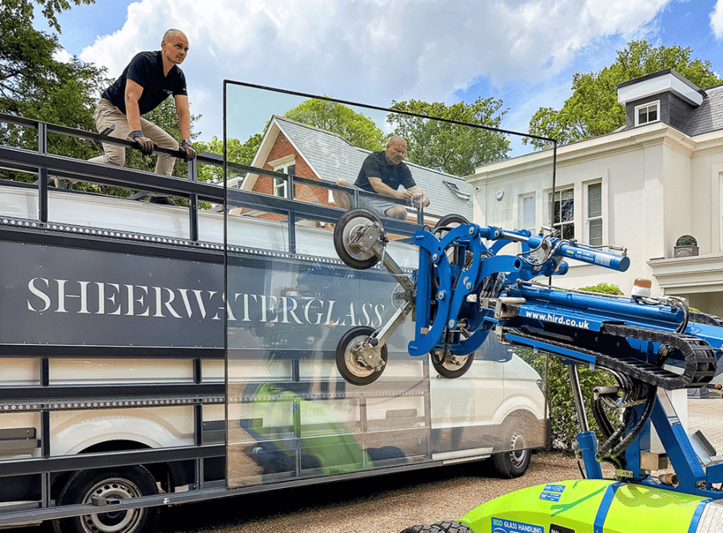 Glass replacement panel being lifted off the van