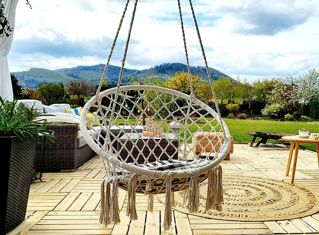 macrame swing in garden