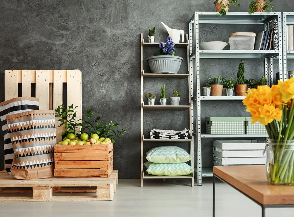 repurposed crates in pantry