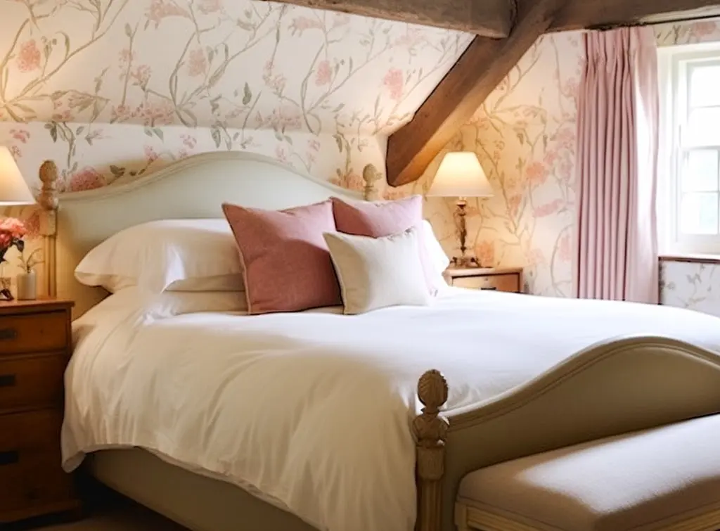 Floral wallpaper in vintage bedroom