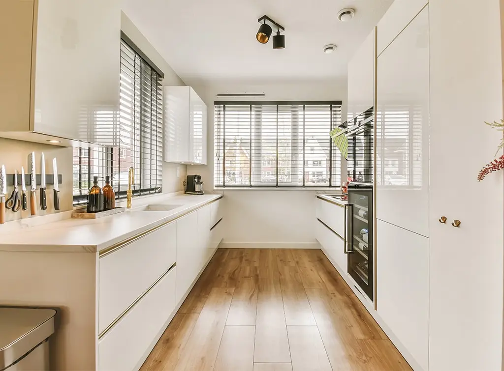 Light colours and galley layout for small kitchen design ideas