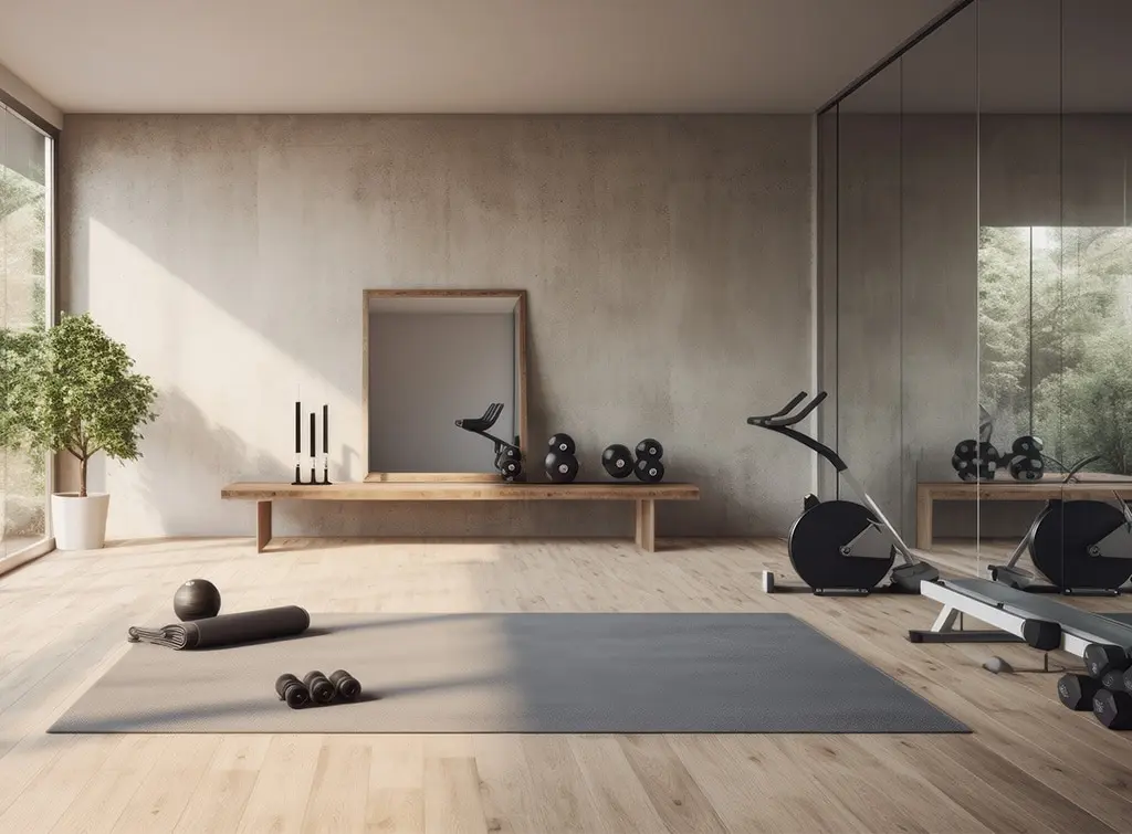 AI concept of a garden room with fitness equipment