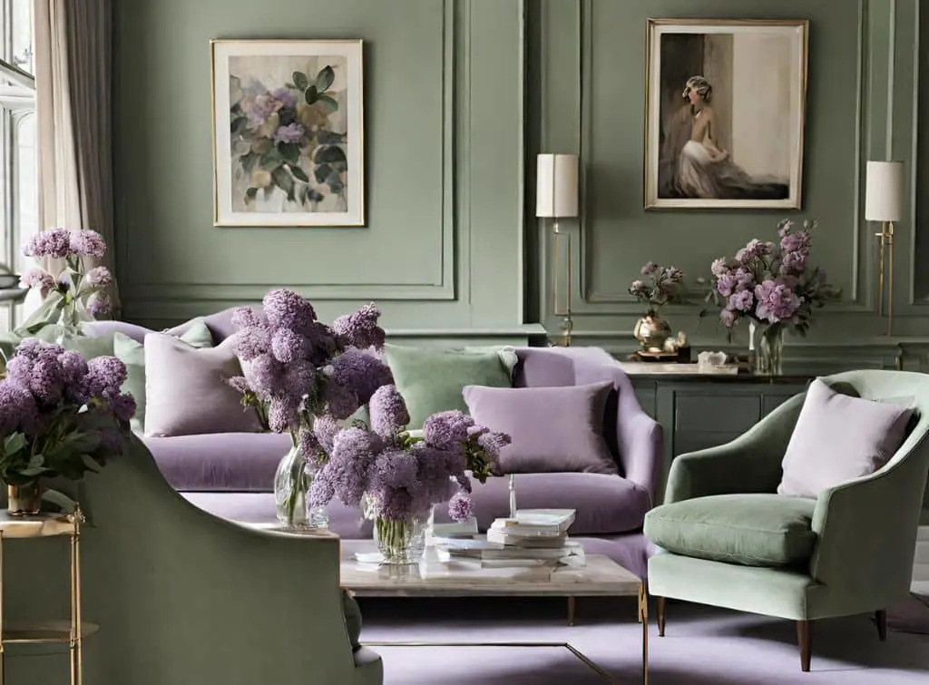 Sage green panelled walls in a living room with lilac furniture and a matching area rug. It
