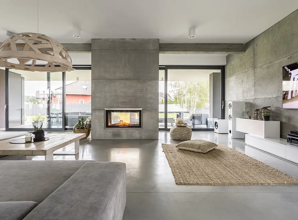 Flush ceiling lights in a minimalist living room