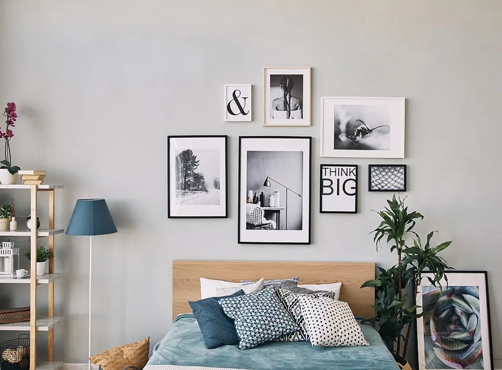 bedroom monochrome gallery wall