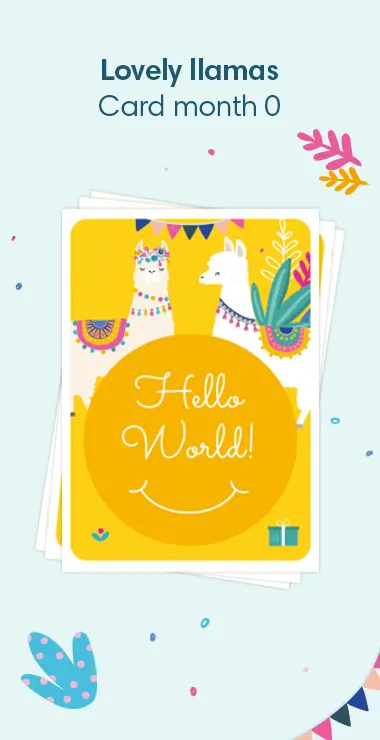 Printed cards to celebrate your baby's birth. Decorated with happy motifs  including the lovely llama and a celebration note: Hello World!
