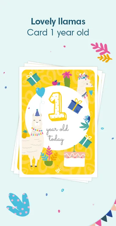 Printed cards to celebrate your baby's 1st birthday. Decorated with happy motifs  including the lovely llama and a celebration note: 1 year's old today!