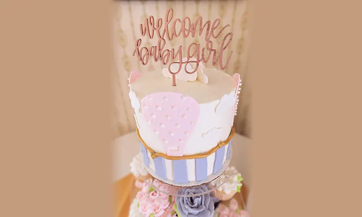 “Welcome Baby Girl” Cake With Hot Air Balloons