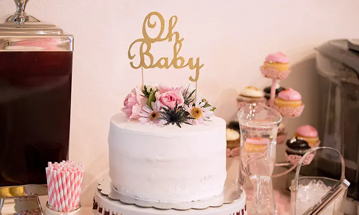 Pink-and-Gold “Oh Baby” Baby Shower Cake for a Girl