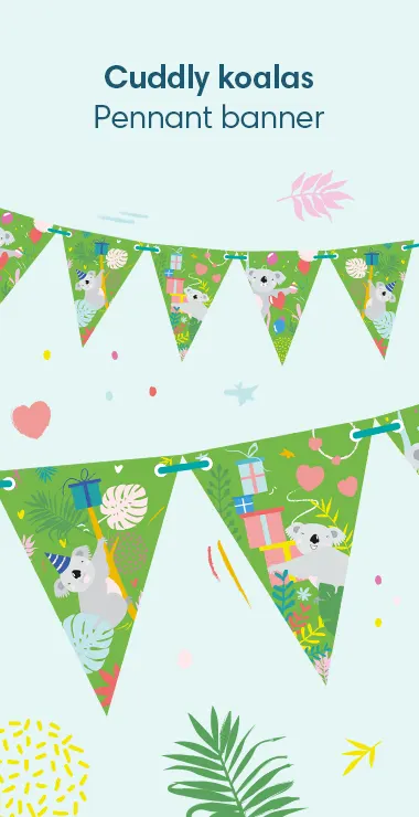 Our pennant banners are decorated with fun illustrations and motifs, with a bright green background, colorful plants, presents, and balloons and the cuddly koala!