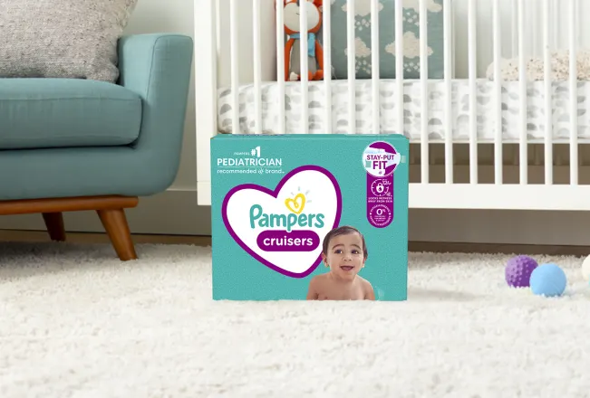 Pampers® Cruisers™, stay-put fit diapers. Voted #1 Pediatrician recommended brand.