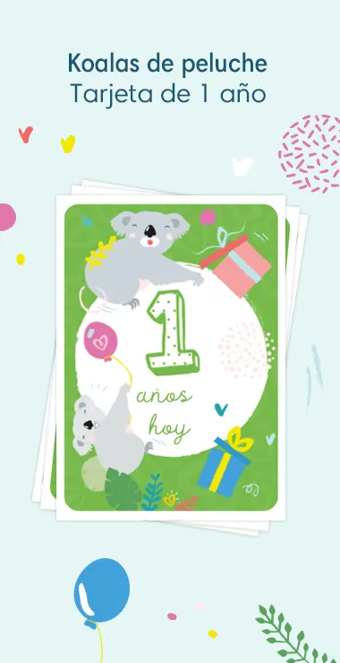 Printed cards to celebrate your baby's 1st birthday. Decorated with happy motifs  including the cuddly koala and a celebration note: 1 year's old today!