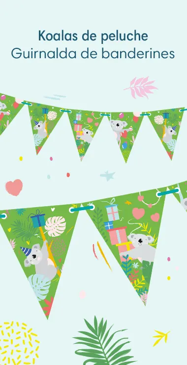 Our pennant banners are decorated with fun illustrations and motifs, with a bright green background, colorful plants, presents, and balloons and the cuddly koala!
