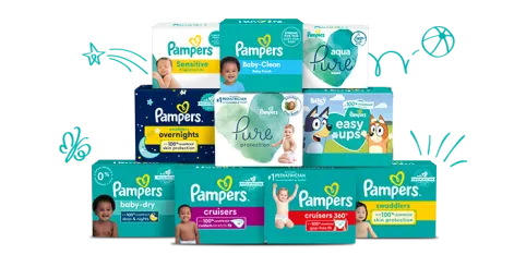 Catálogo de productos Pampers: pañales, calzoncitos y toallitas húmedas.