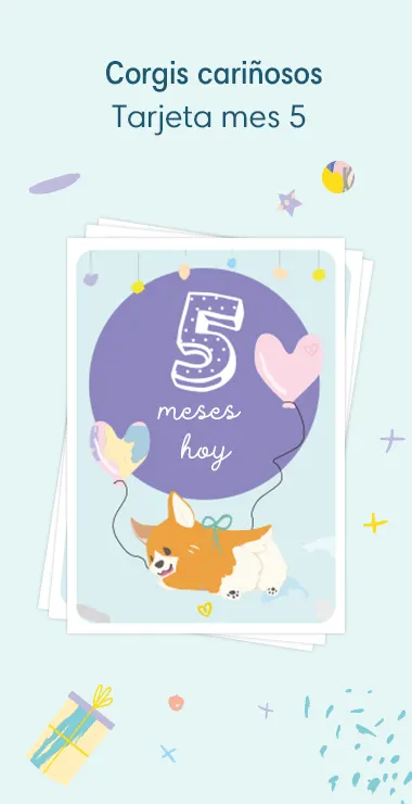 Printed cards to celebrate your baby's 5 monthiversary!. Decorated with happy motifs  including the charming corgi and a celebration note: 5 months today!