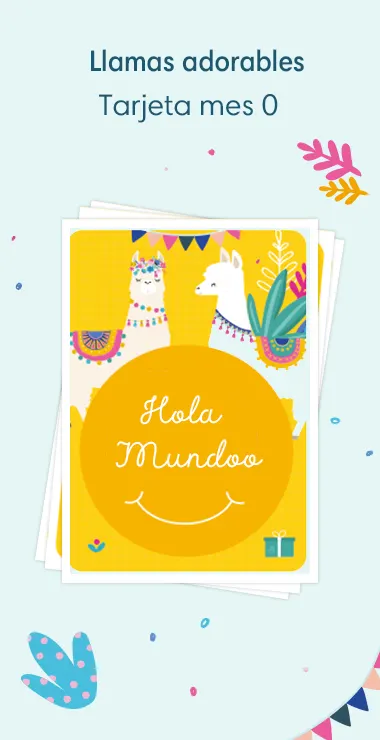 Tarjetas impresas para celebrar el nacimiento de tu bebé. Decoradas con alegres motivos que incluyen la adorable llama y una nota de celebración: ¡Hola Mundo!