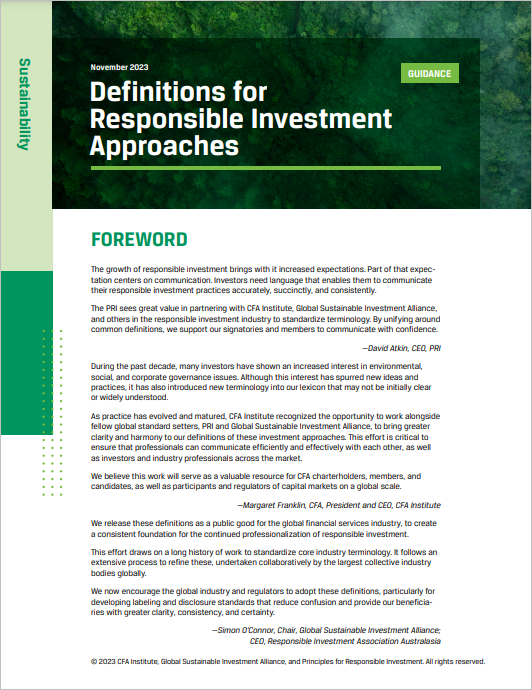 Definitions for Responsible Investment Approaches cover