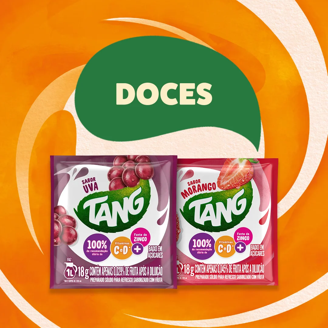 Tang sabores doces: Uva e Morango. Produtos sobre fundo laranja.