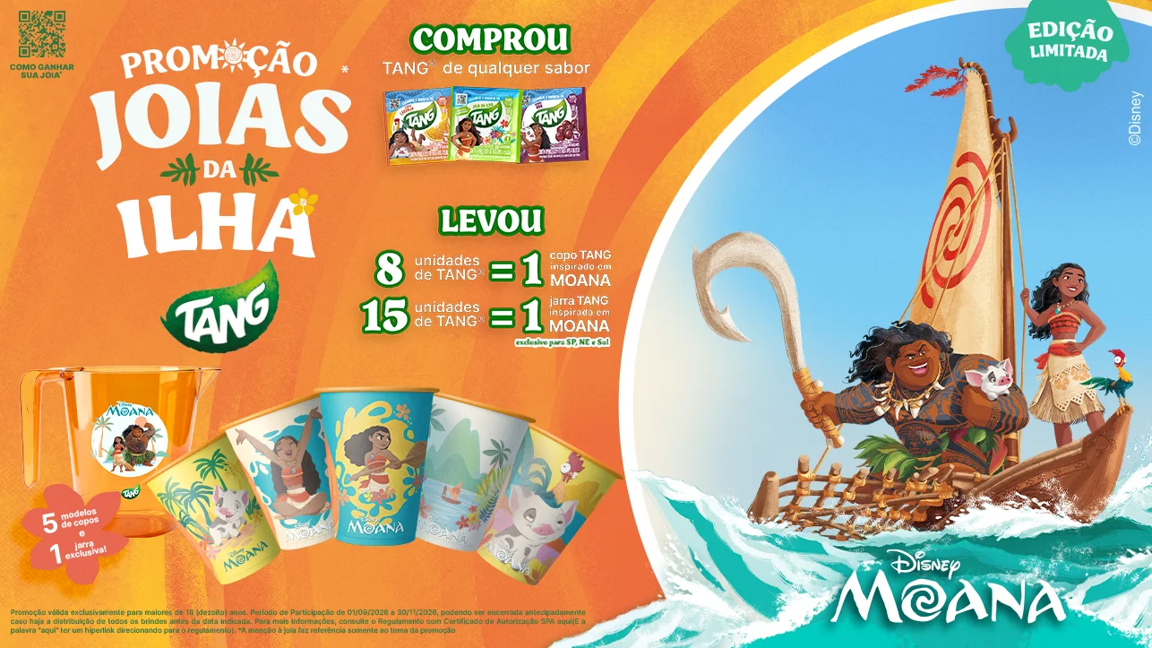 Moana e Maui em barco de madeira no oceano, Joias da Ilha Tang: comprou 8 un. = levou 1 copo, ou 15 = levou 1 jarra exclusiva