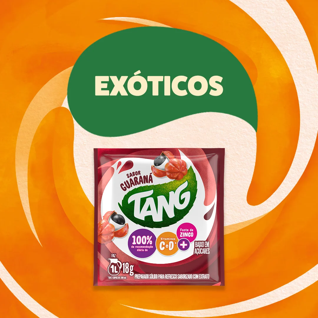 Tang sabores exóticos: Guaraná. Produto sobre fundo laranja.