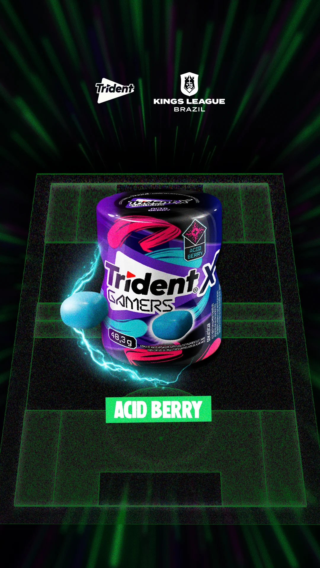 Embalagem individual do chiclete XGamers Acid Berry, destacando a cor roxa neon e o sabor intenso de das frutas vermelhas e acides.