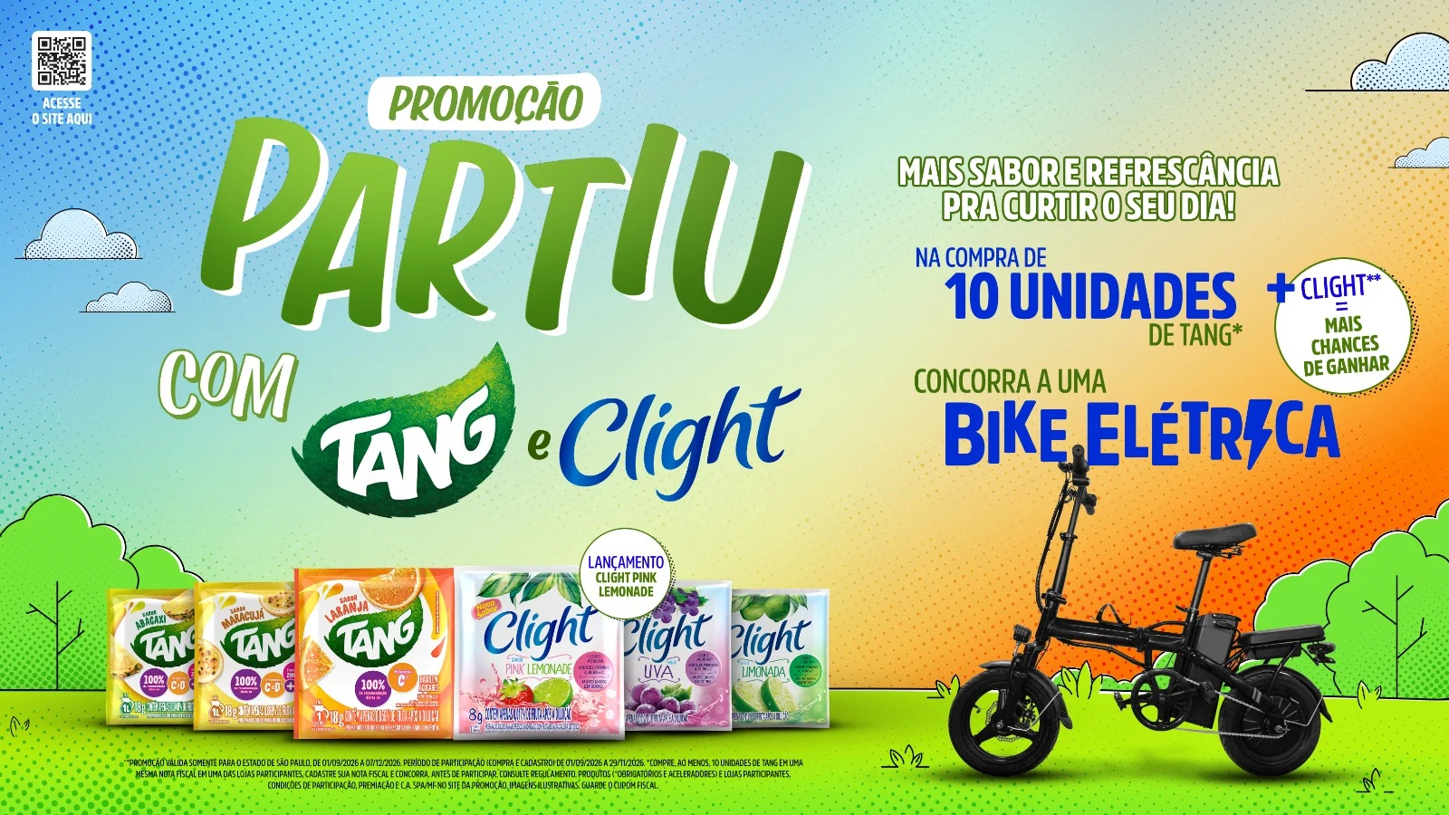 Partiu com Tang e Clight: Abacaxi, Maracujá, Laranja, Pink Lemonade, Uva e Limonada. Compre 10 = concorra a 1 bike elétrica