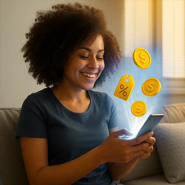 Mulher segurando celular e moedas no ar apresentando o benefício “Vale Descontos”: vantagens exclusivas e descontos.
