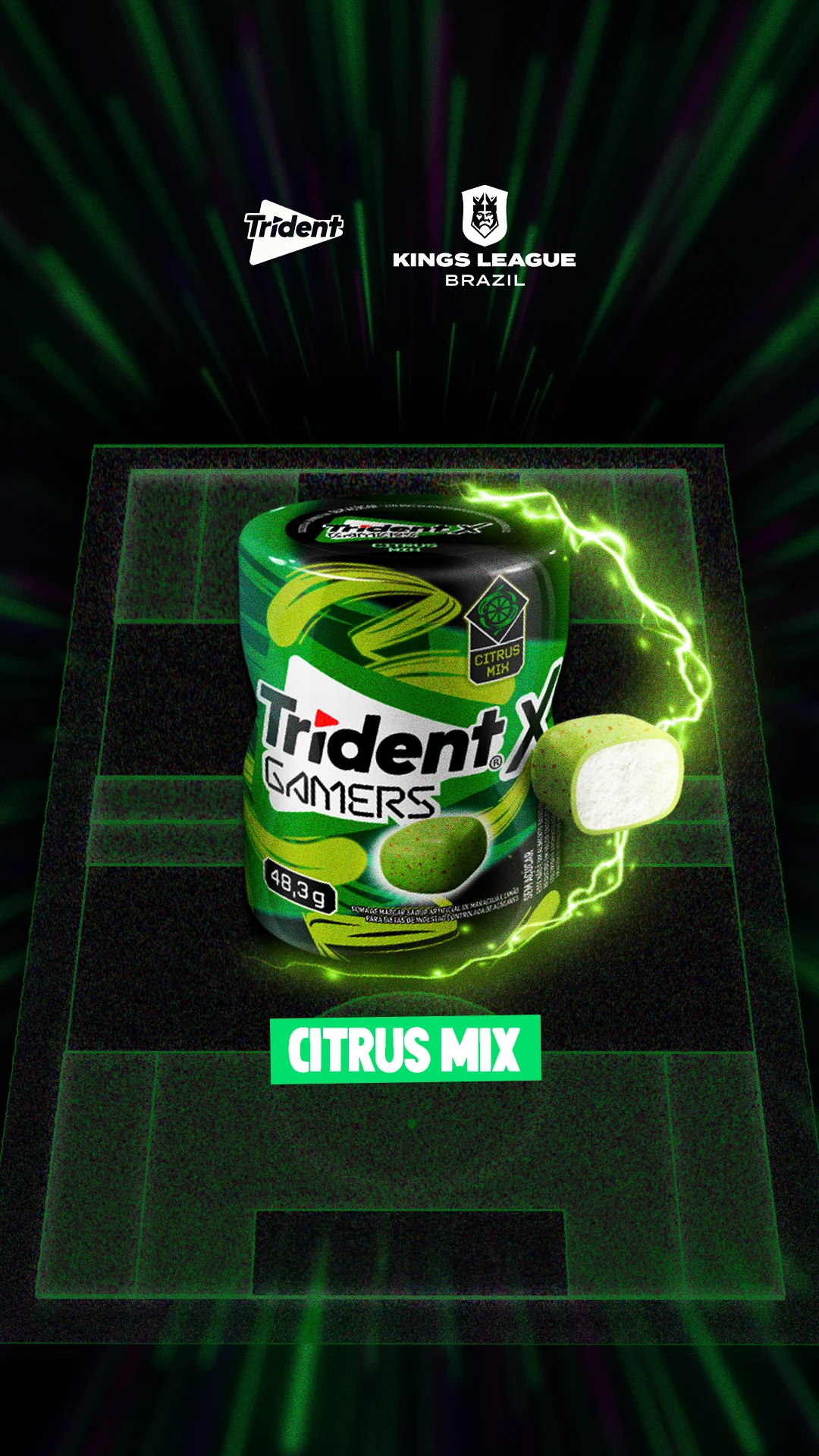 Embalagem individual do chiclete XGamers Citrus Mix, destacando a cor verde vibrante e o sabor cítrico refrescante da linha.