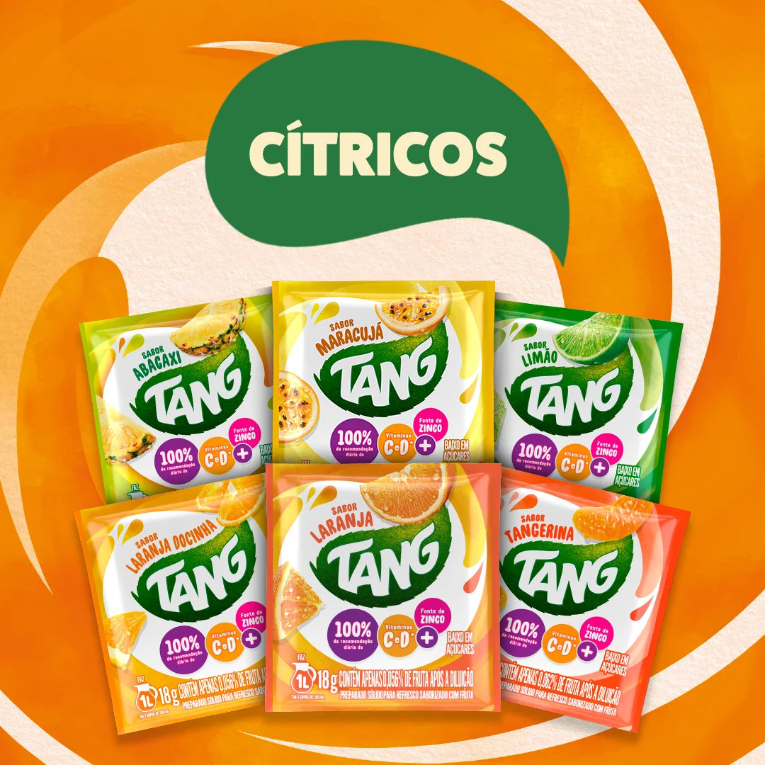 Tang sabores cítricos: Abacaxi, Maracujá, Limão, Laranja docinha, Laranja, Tangerina. Produtos sobre fundo laranja.