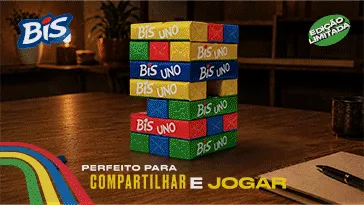 BIS UNO Stacko: gif de pacotes de BIS Original, BIS Branco e torre do jogo de empilhar, com selo de edição limitada.