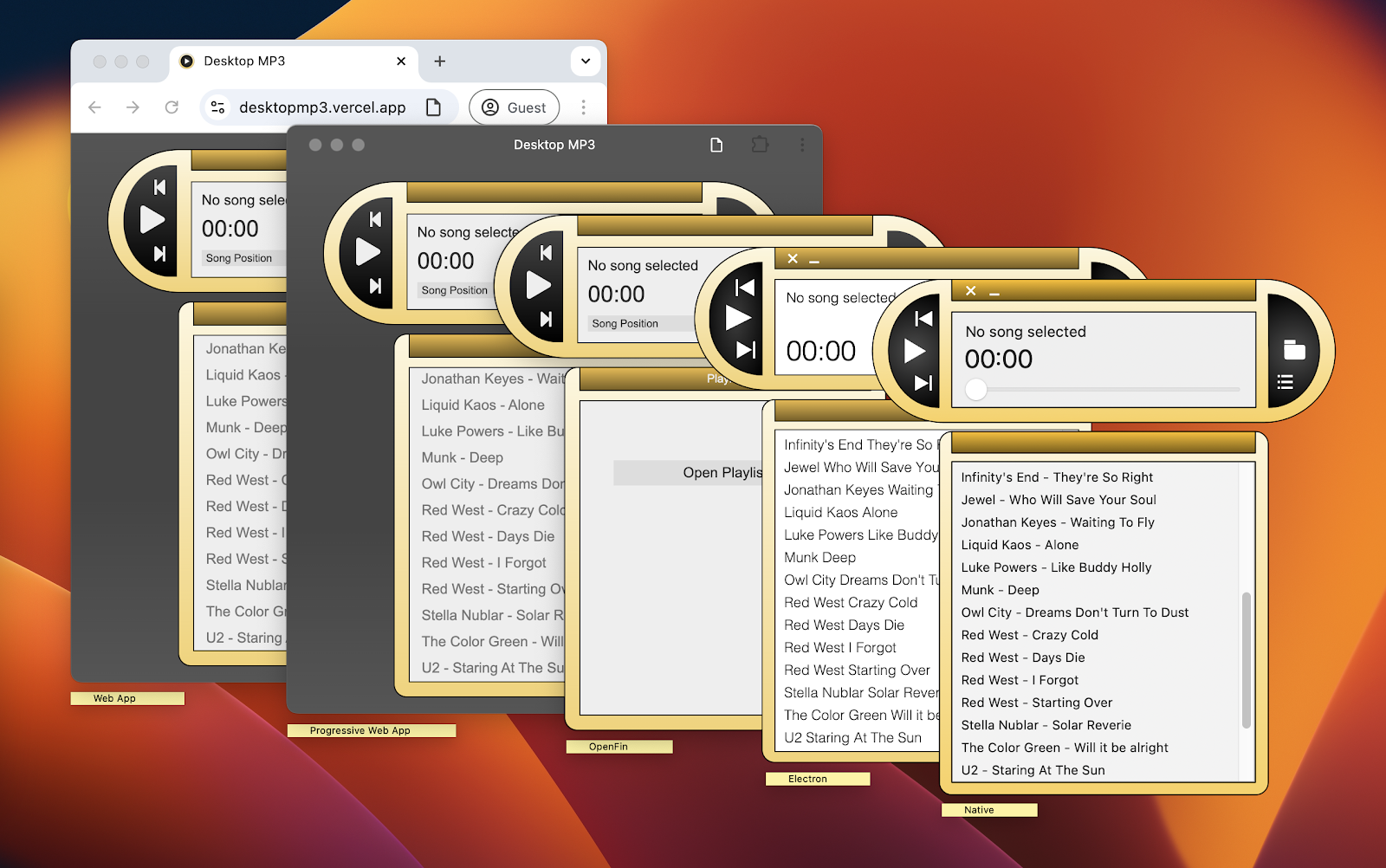 Screenshots comparing web app, desktop web apps, and native